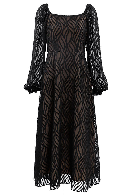 Romantic Square Neck Puff Sleeve Jacquard Chiffon Midi Dress - Black 4