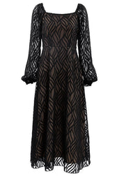 Romantic Square Neck Puff Sleeve Jacquard Chiffon Midi Dress - Black 4