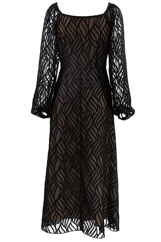 Romantic Square Neck Puff Sleeve Jacquard Chiffon Midi Dress - Black 5