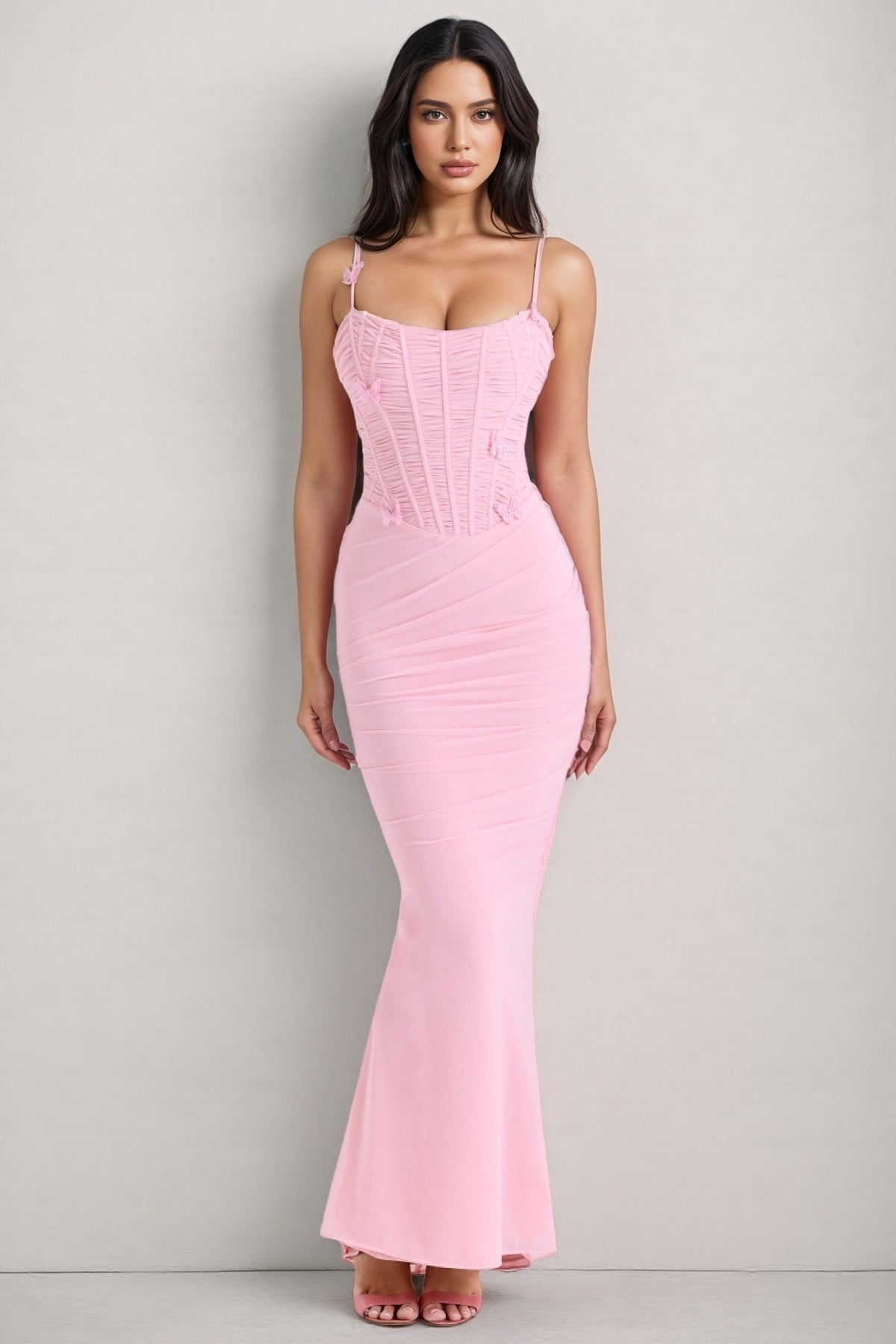 Ruched Mesh Corset Bodice Butterfly Applique Spaghetti Strap Mermaid Maxi Dress