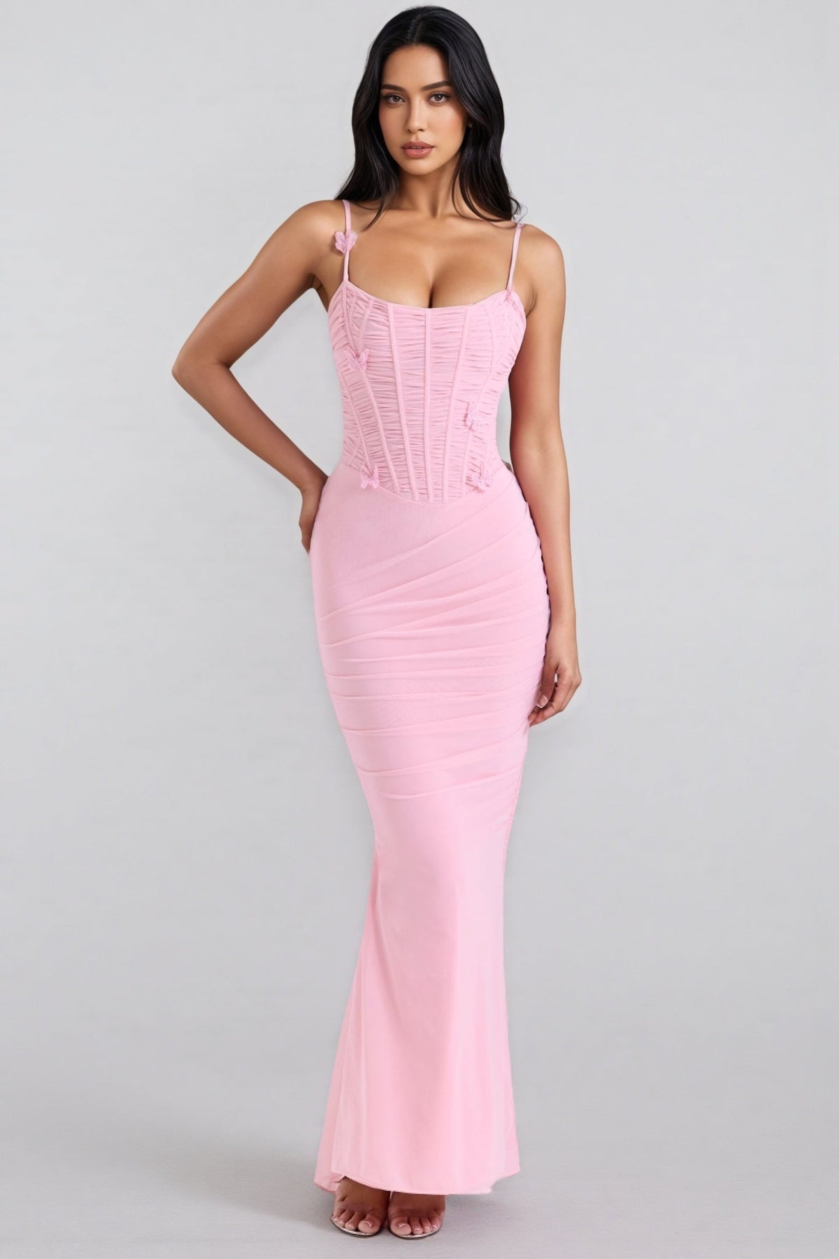 Ruched Mesh Corset Bodice Butterfly Applique Spaghetti Strap Mermaid Maxi Dress 3
