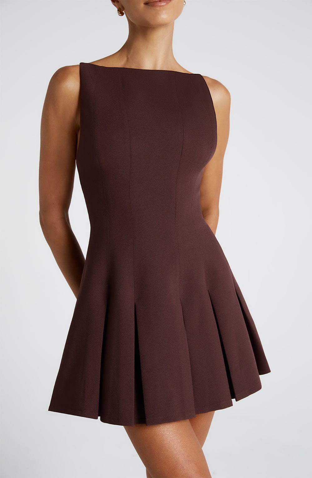 Boat Neck Sleeveless Pleated Fit and Flare Mini Dress 10