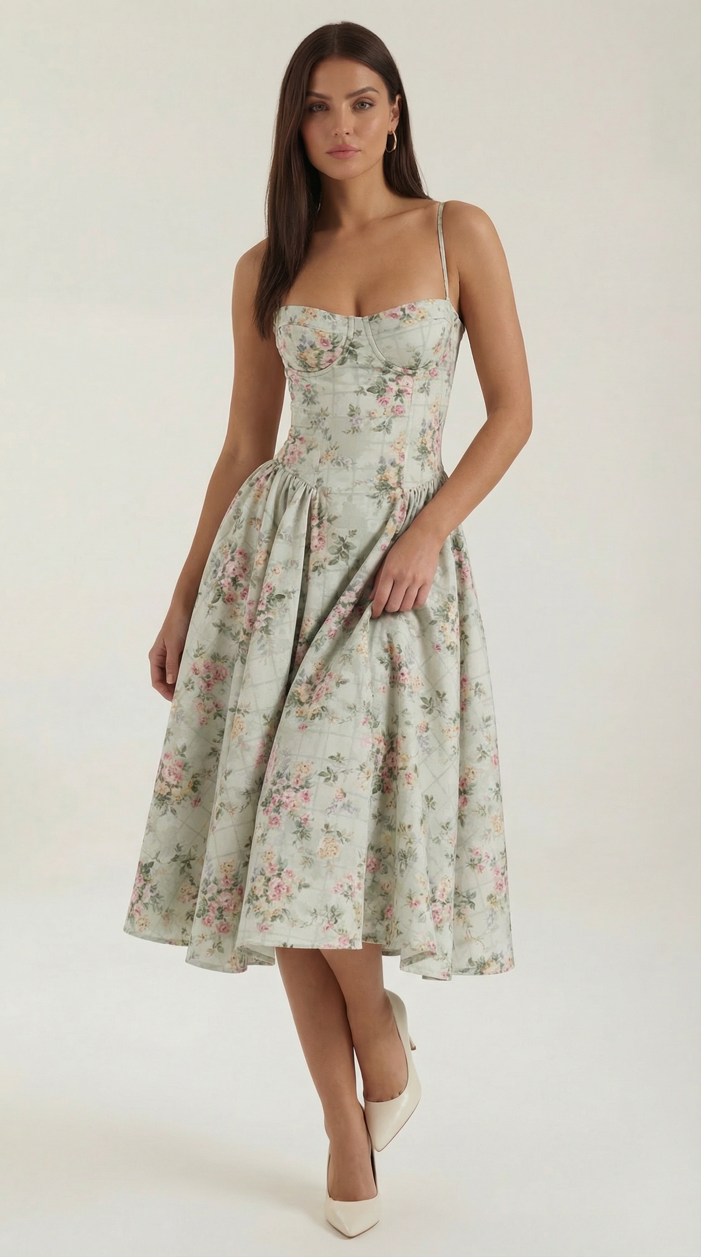 Floral Sweetheart Corset A-Line Midi Dress