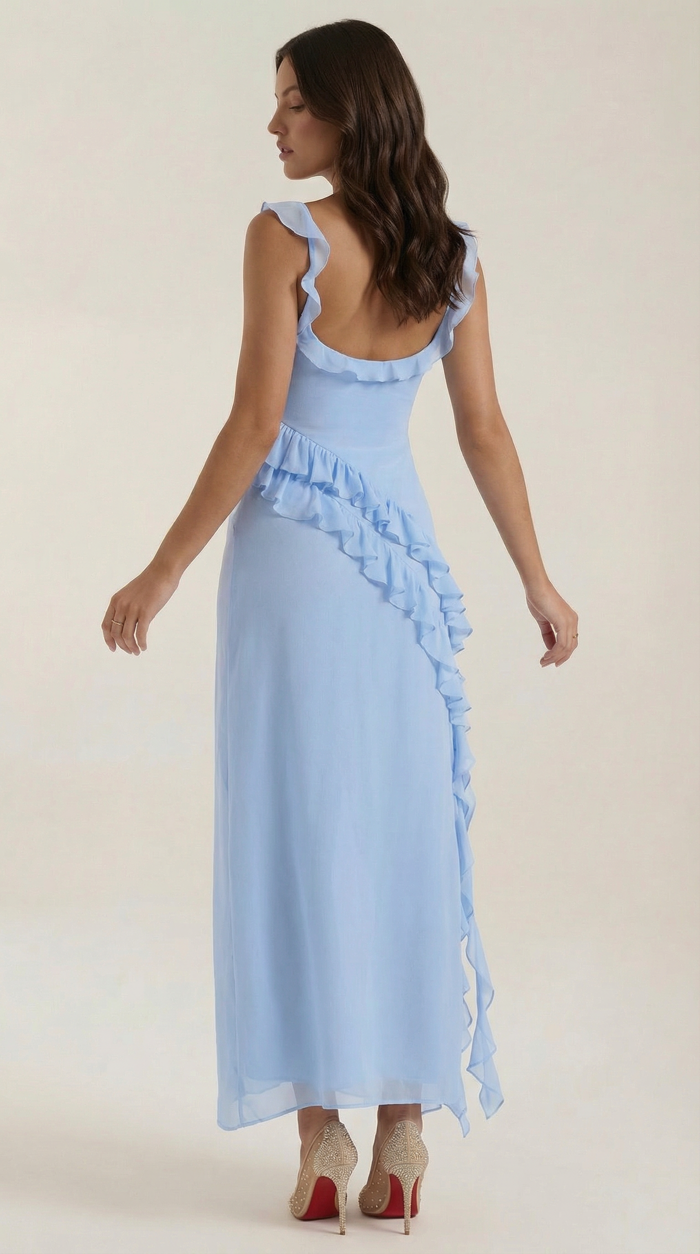 Chiffon Cowl Neck High Split Ruffle Maxi Dress 9