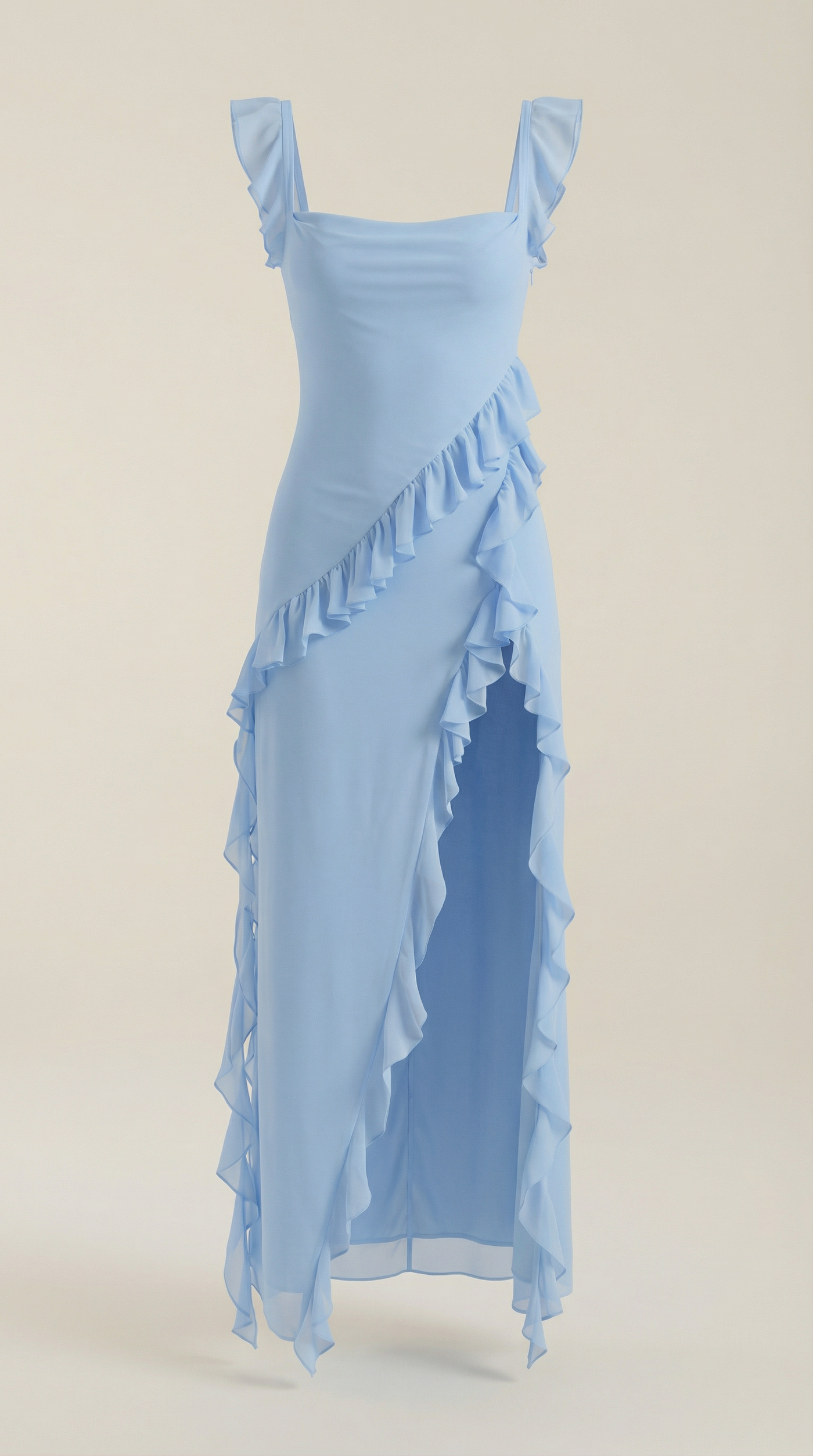 Chiffon Cowl Neck High Split Ruffle Maxi Dress 10
