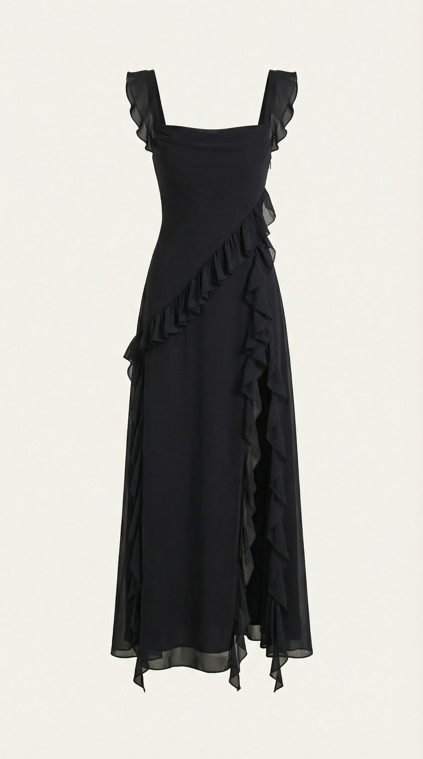 Chiffon Cowl Neck High Split Ruffle Maxi Dress 30