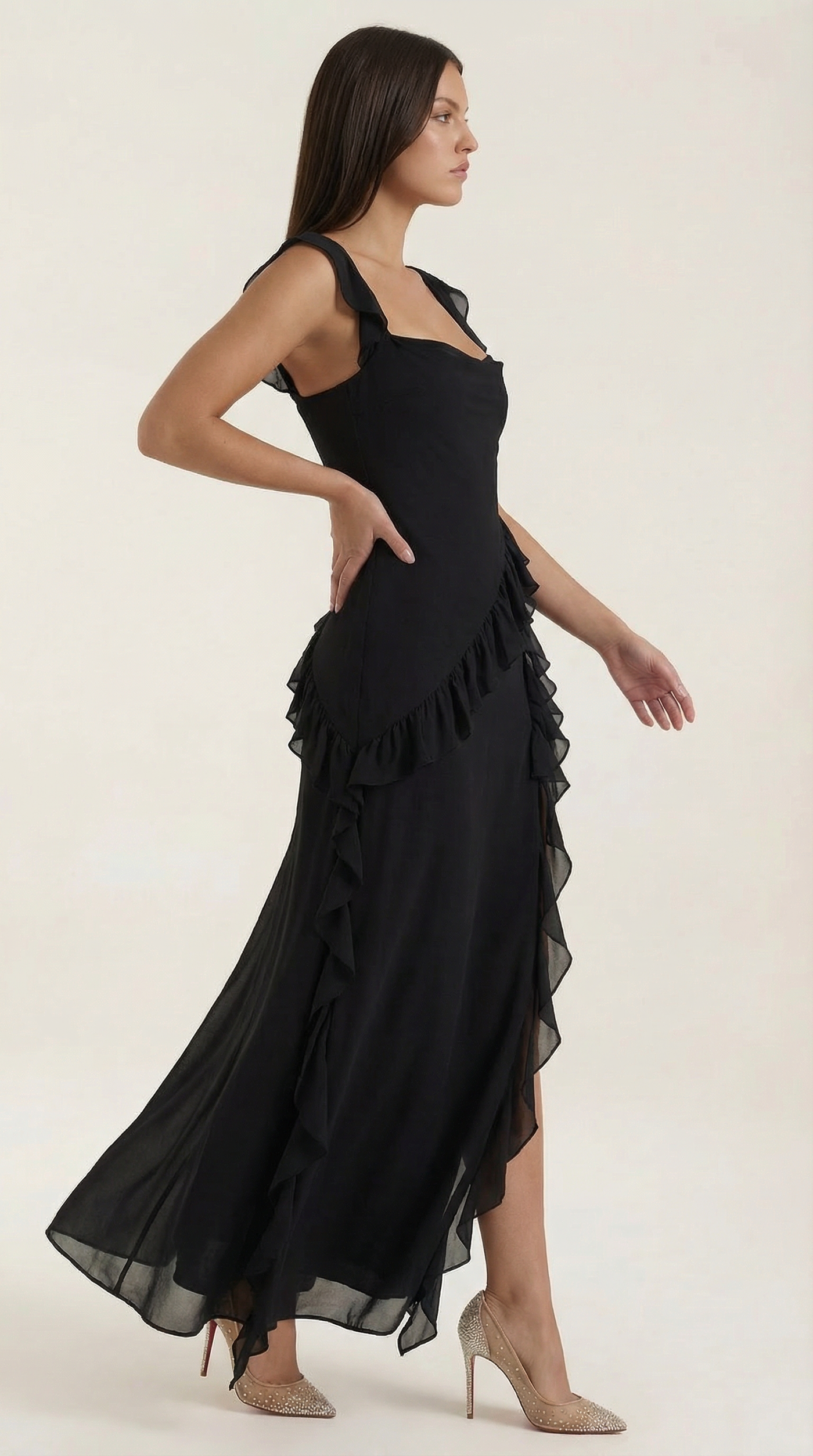 Chiffon Cowl Neck High Split Ruffle Maxi Dress 27