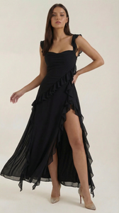 Chiffon Cowl Neck High Split Ruffle Maxi Dress 26