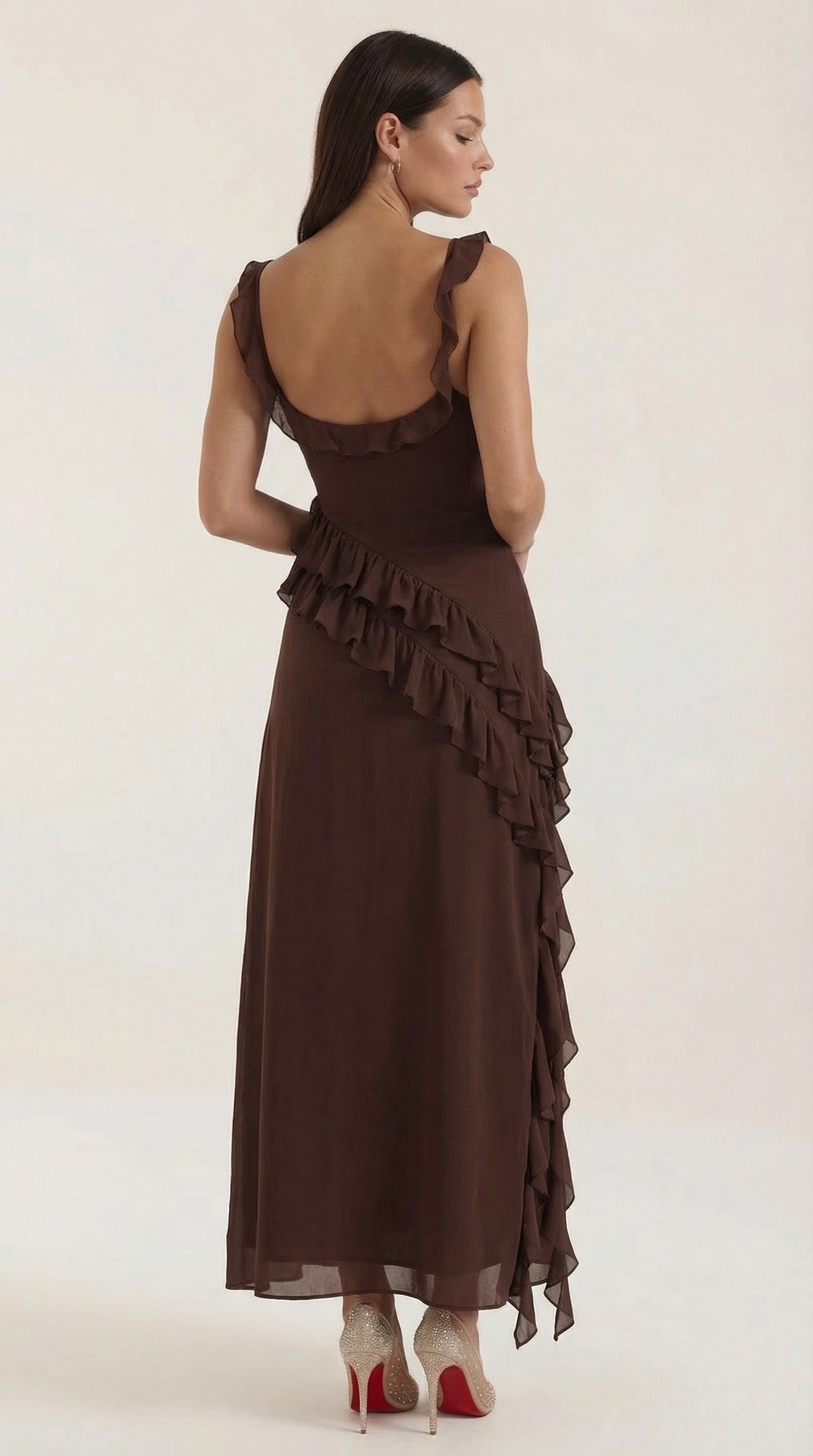 Chiffon Cowl Neck High Split Ruffle Maxi Dress 4