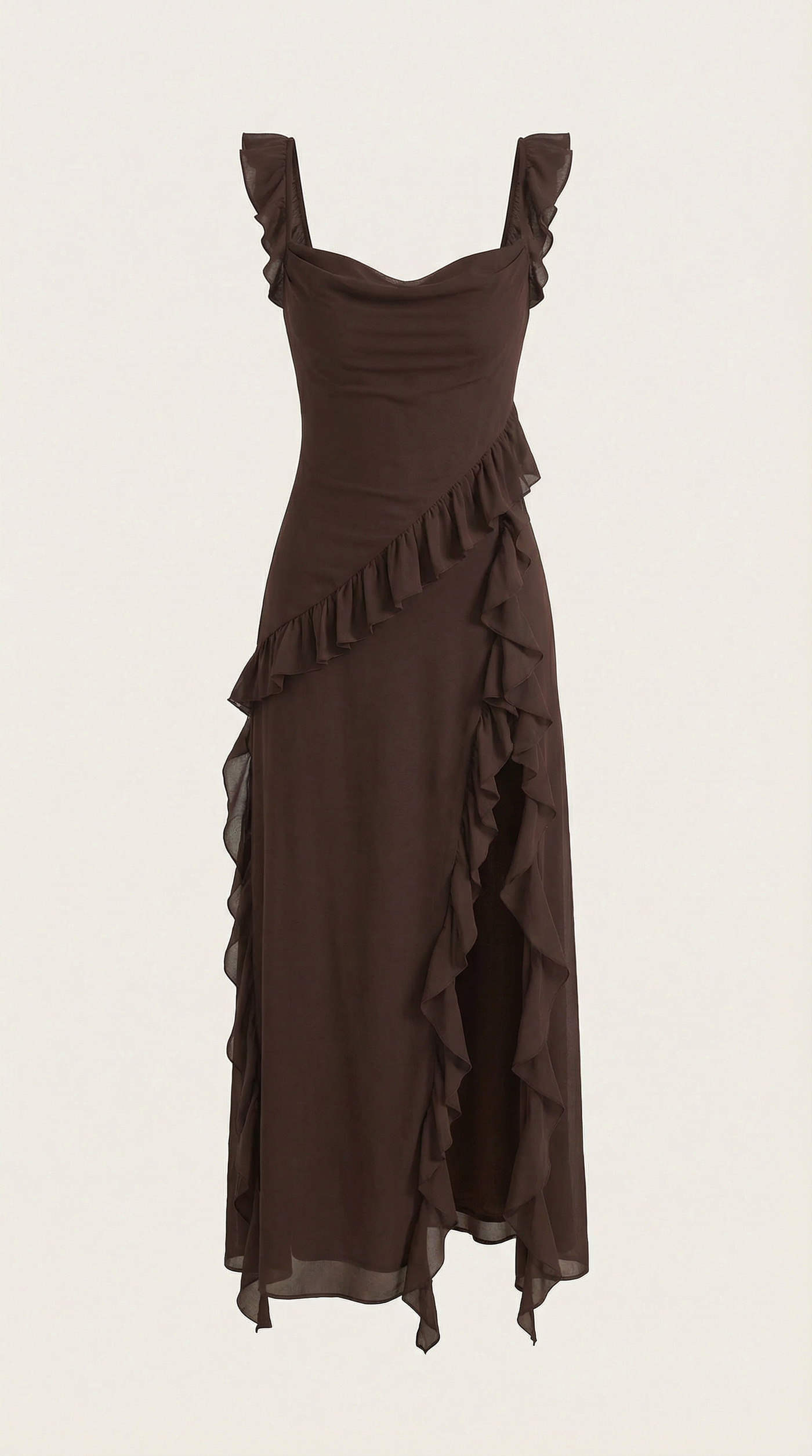 Chiffon Cowl Neck High Split Ruffle Maxi Dress 5