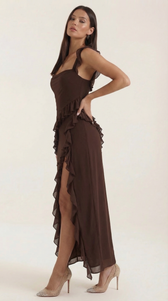 Chiffon Cowl Neck High Split Ruffle Maxi Dress 2