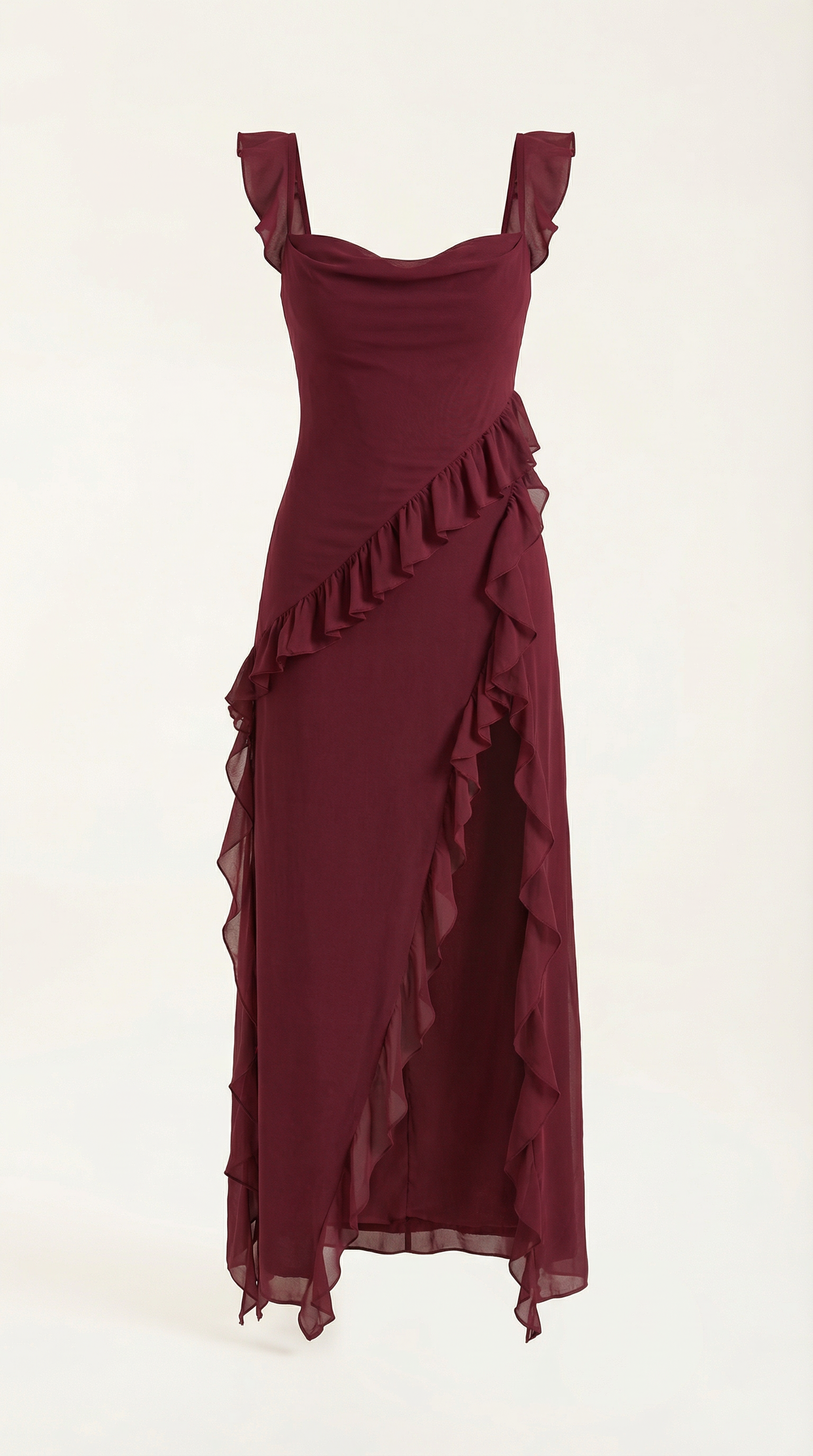 Chiffon Cowl Neck High Split Ruffle Maxi Dress 20