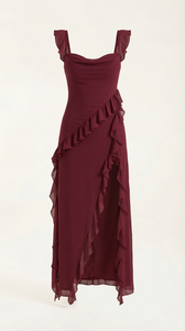 Chiffon Cowl Neck High Split Ruffle Maxi Dress 20