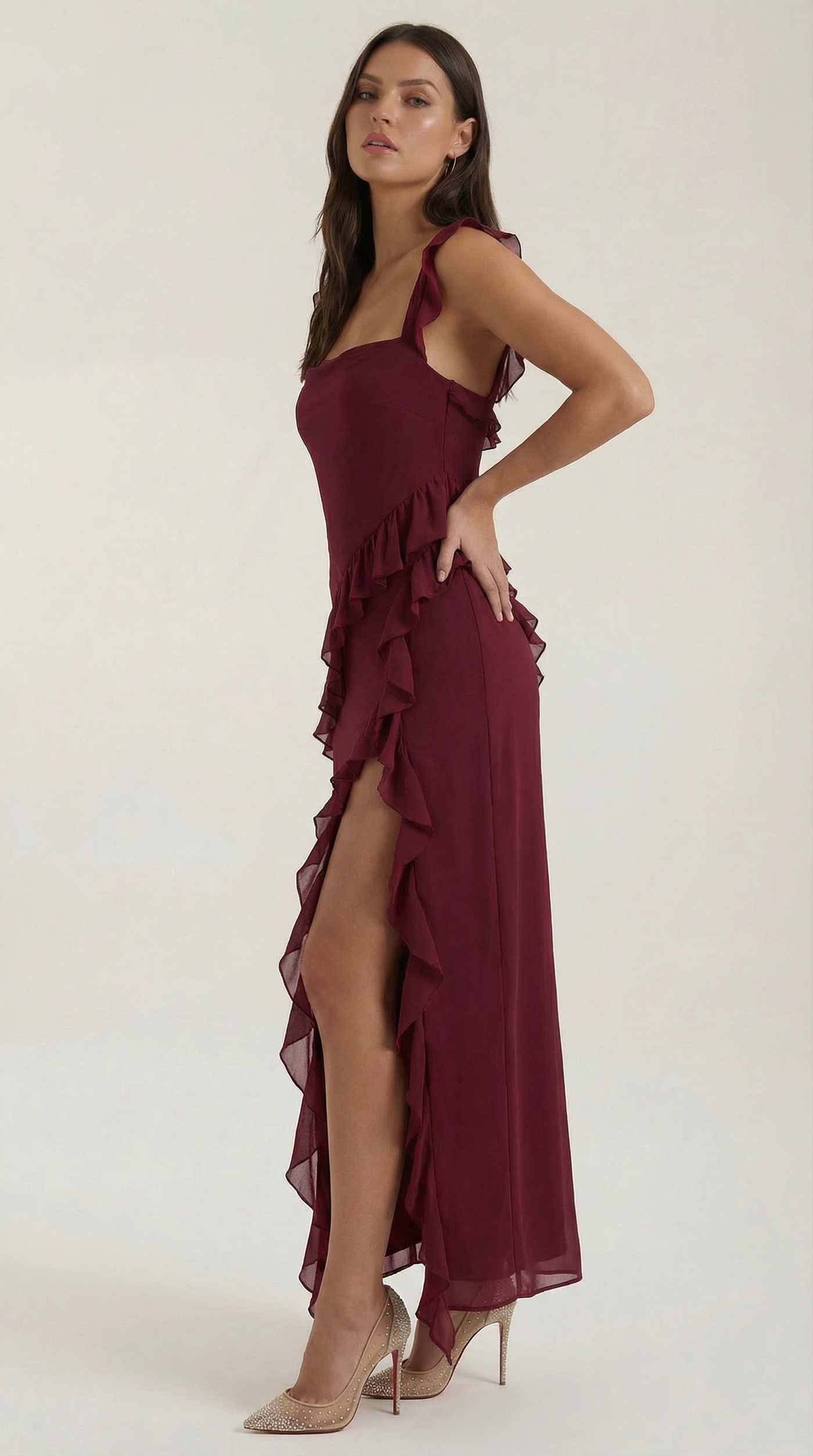 Chiffon Cowl Neck High Split Ruffle Maxi Dress 17