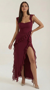 Chiffon Cowl Neck High Split Ruffle Maxi Dress 16
