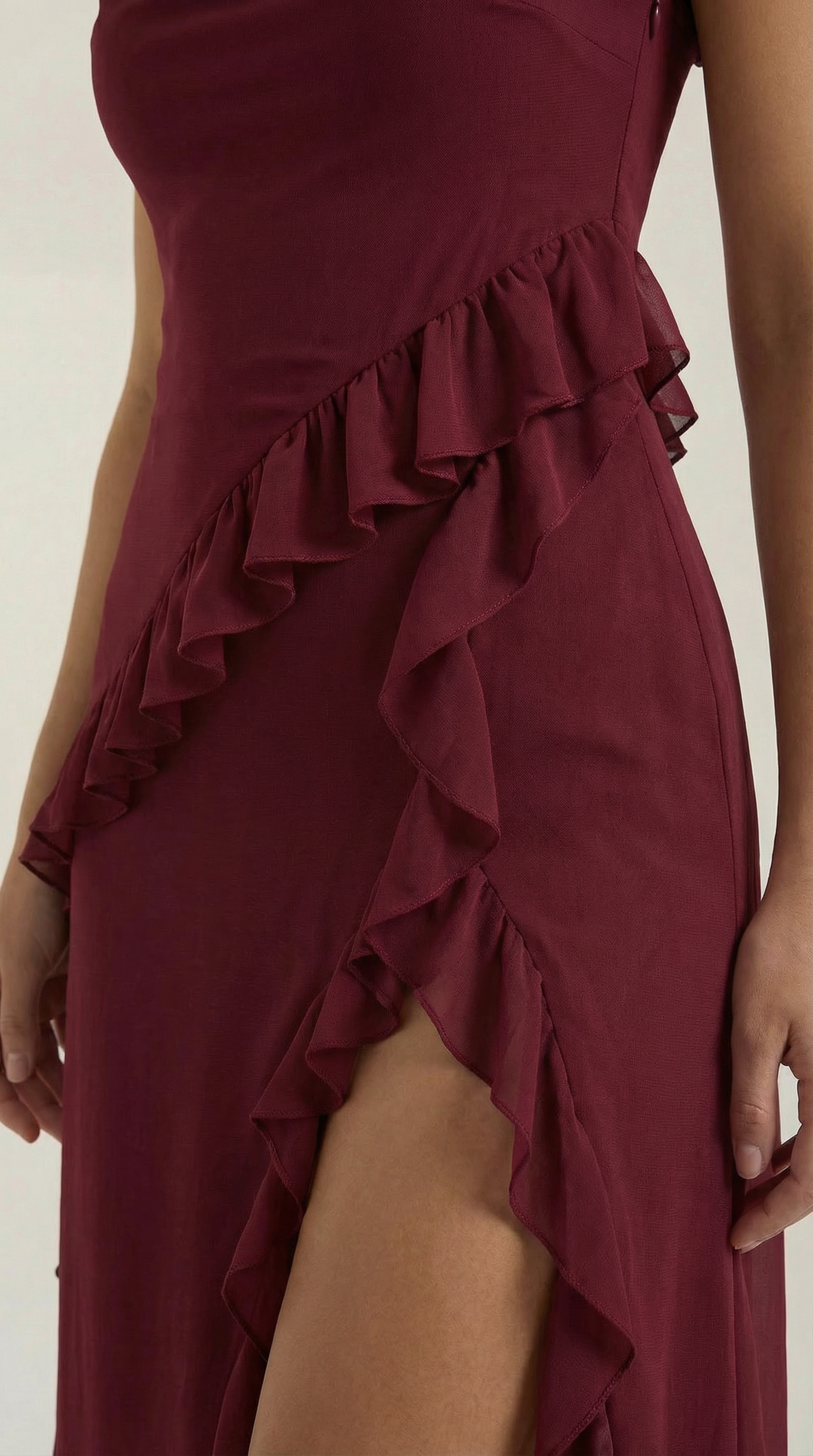 Chiffon Cowl Neck High Split Ruffle Maxi Dress 18