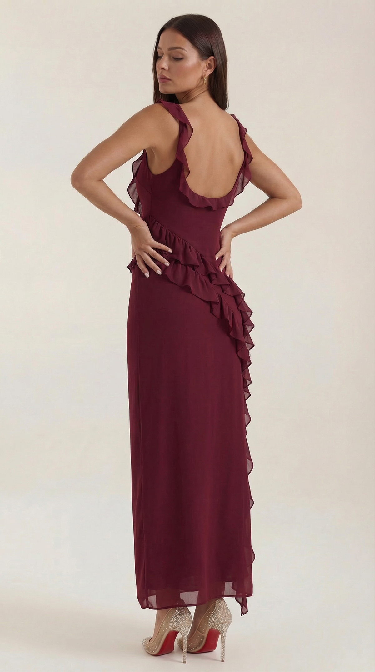 Chiffon Cowl Neck High Split Ruffle Maxi Dress 19