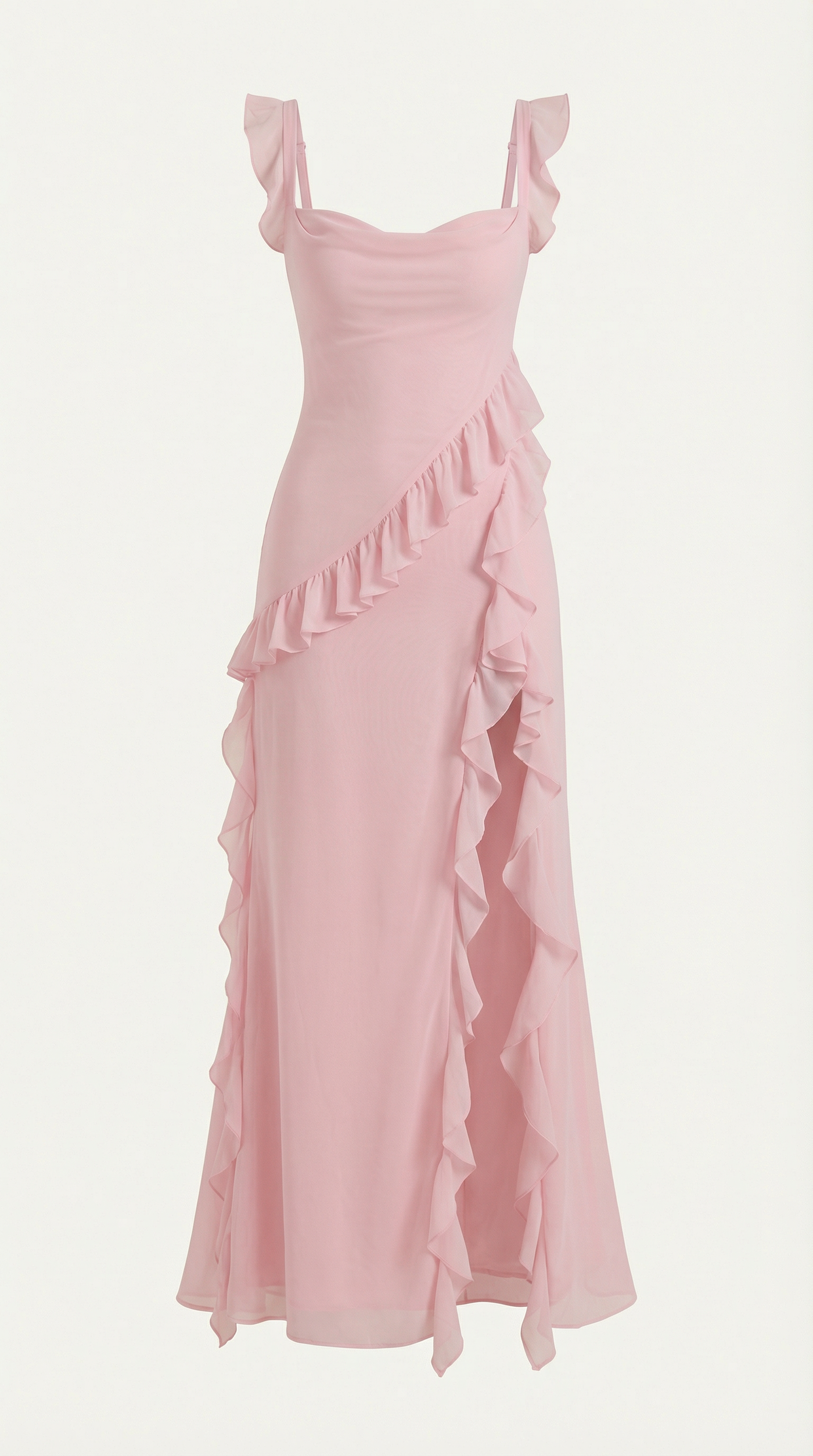 Chiffon Cowl Neck High Split Ruffle Maxi Dress 25