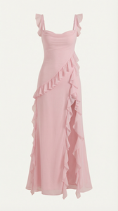Chiffon Cowl Neck High Split Ruffle Maxi Dress 25