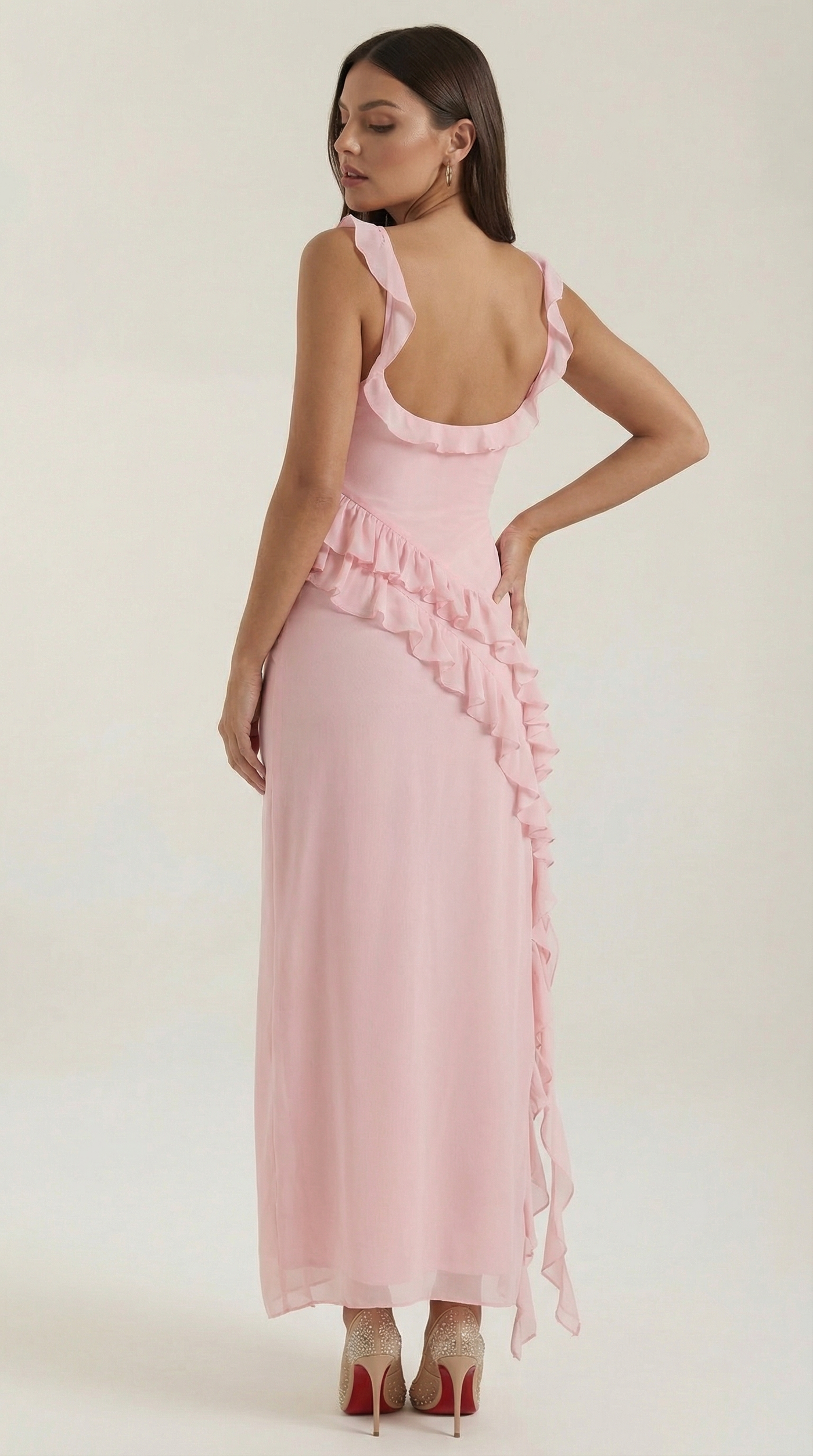 Chiffon Cowl Neck High Split Ruffle Maxi Dress 24