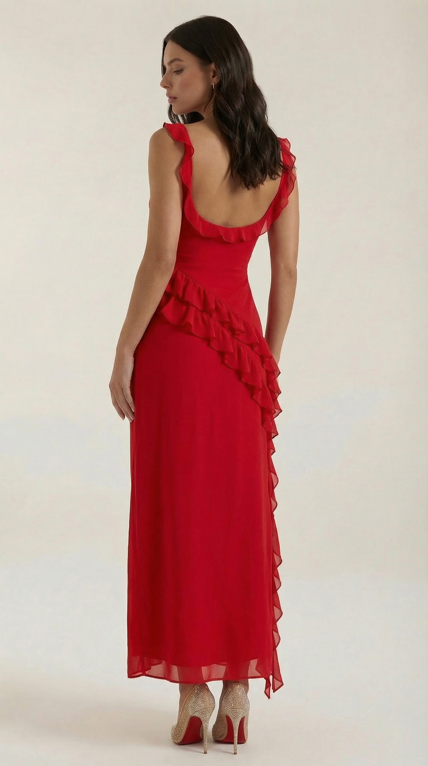 Chiffon Cowl Neck High Split Ruffle Maxi Dress 14