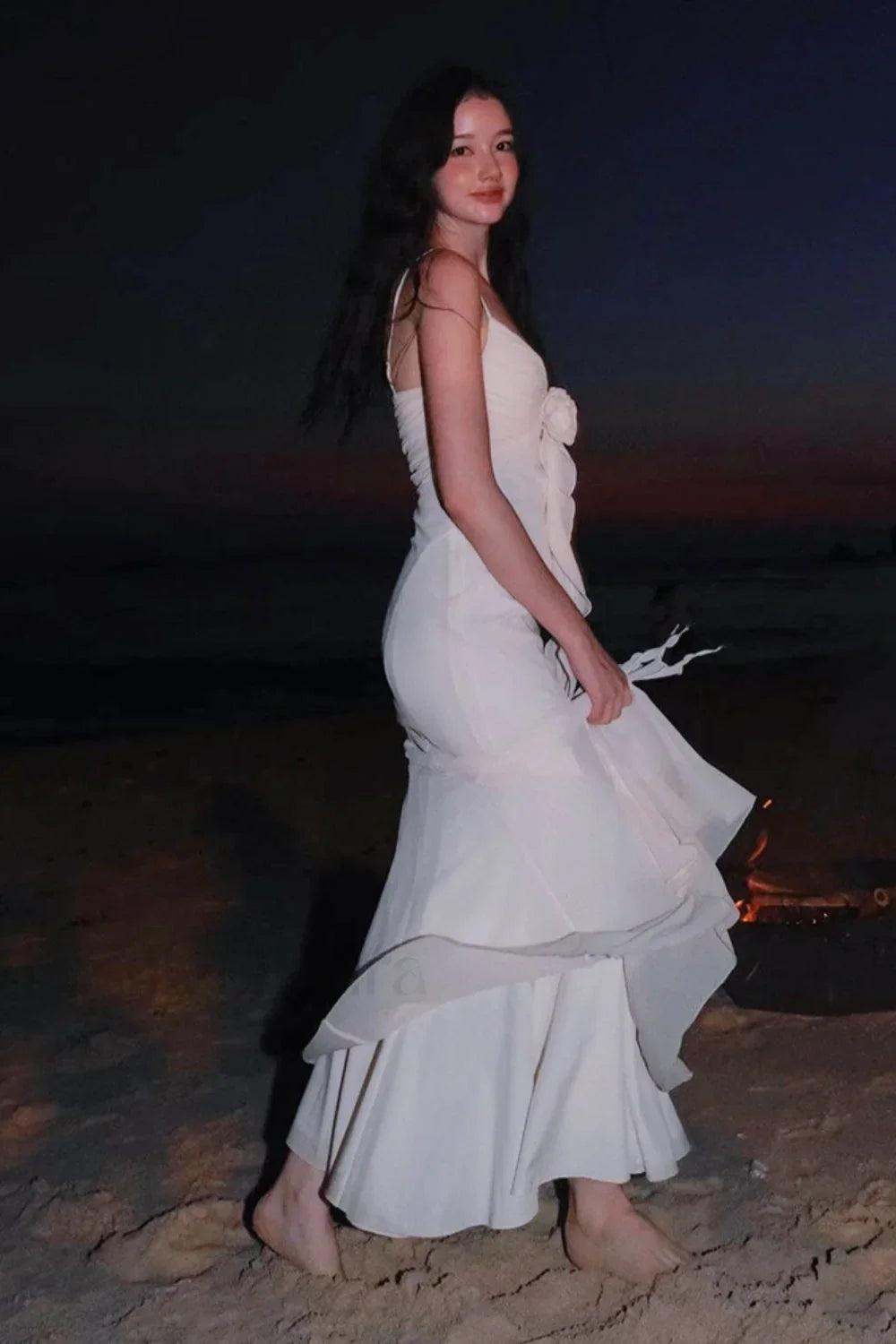 Rose Corsage Tie-Back Mermaid Maxi Dress