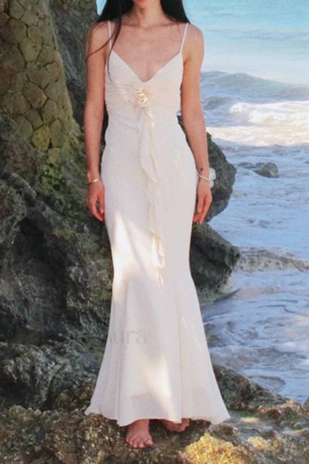Rose Corsage Tie-Back Mermaid Maxi Dress
