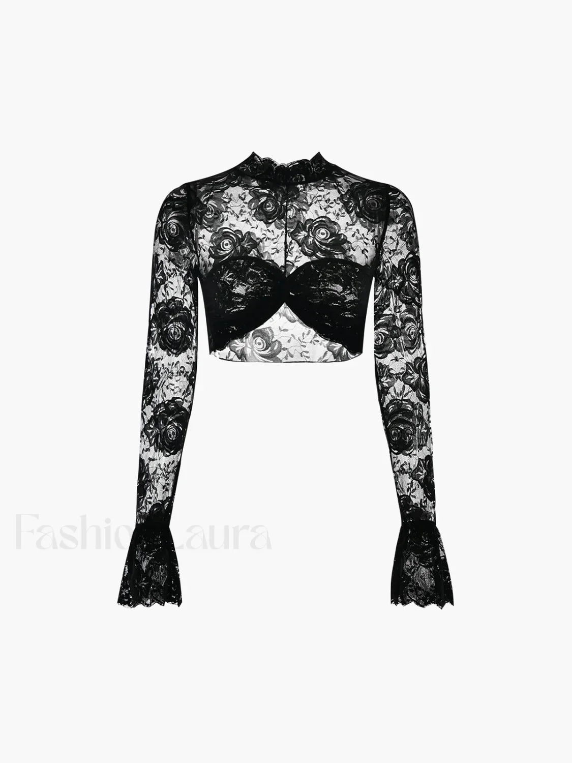 Rose Lace Mesh Trendy Mock Neck Crop Top Black / XS T Shirts