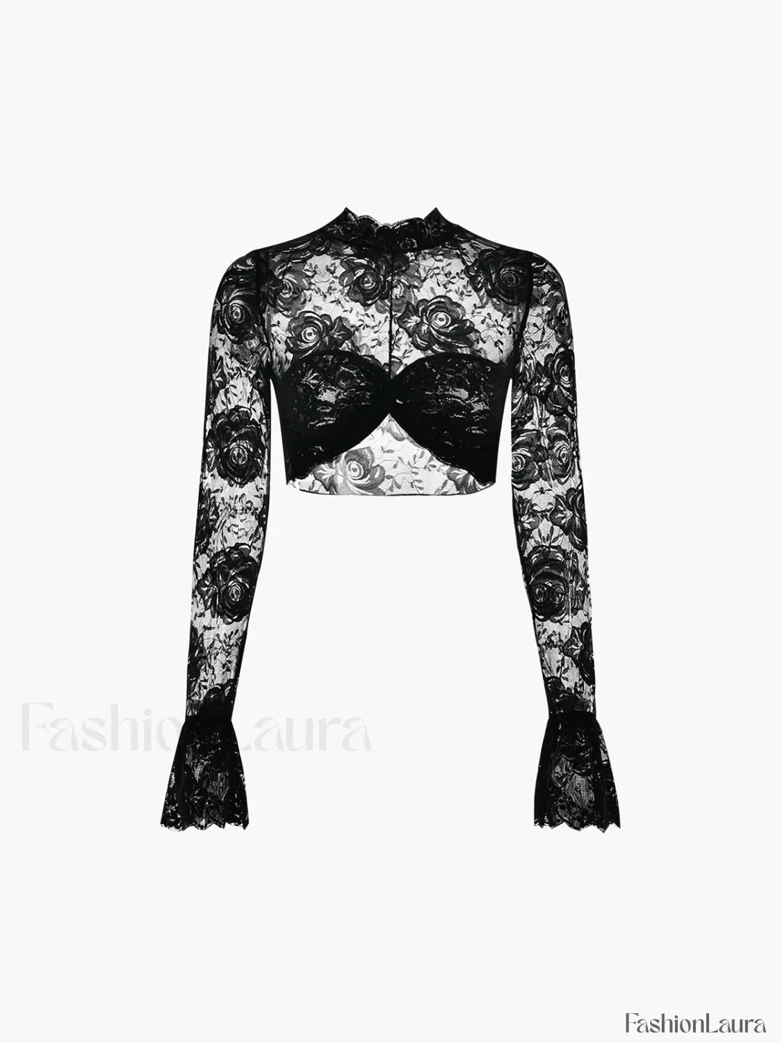 Rose Lace Mesh Trendy Mock Neck Crop Top