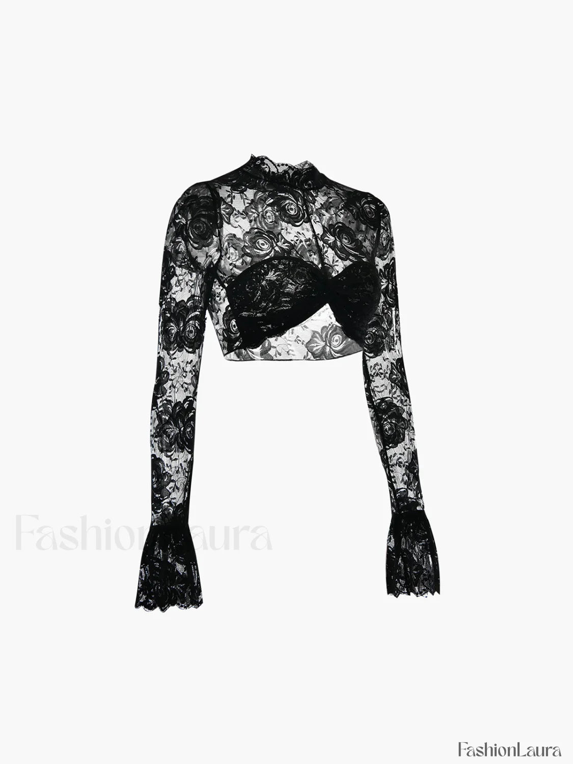 Rose Lace Mesh Trendy Mock Neck Crop Top