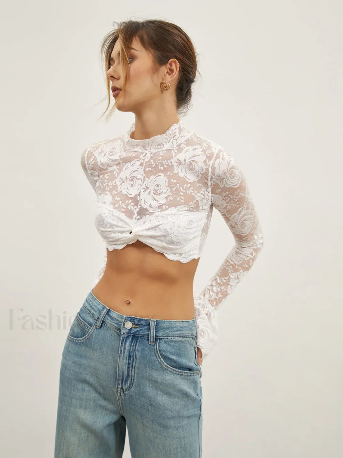 Rose Lace Mesh Trendy Mock Neck Crop Top