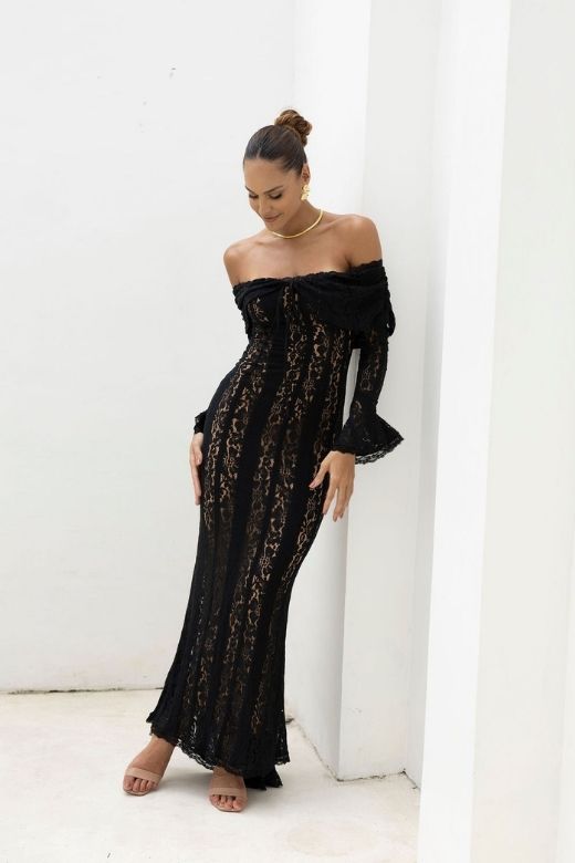 Rose Long Sleeve Bodycon Maxi Dress - White Pearl