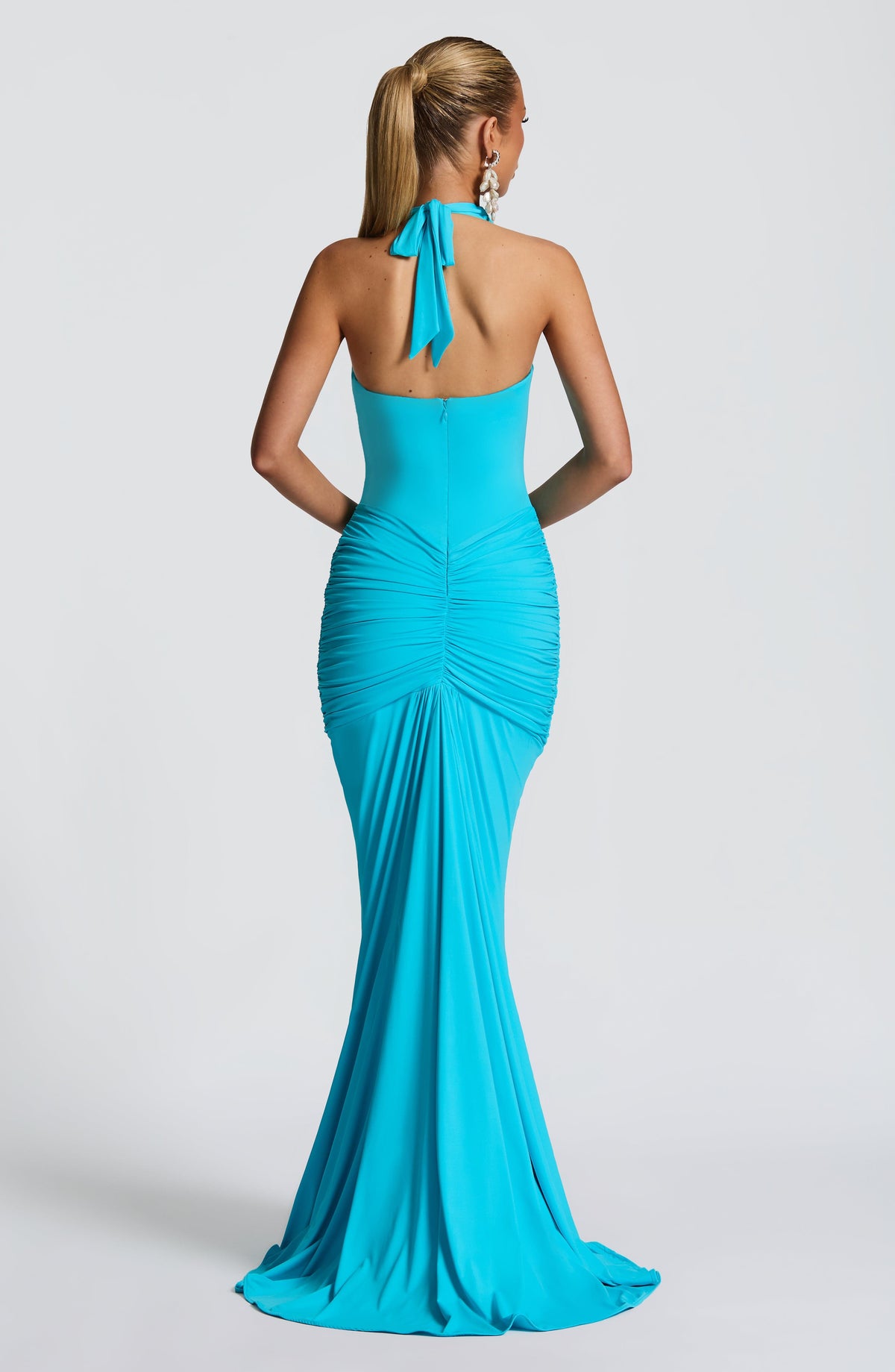 Halter Plunging Neckline Ruched Draped Front Mermaid Maxi Dress 4