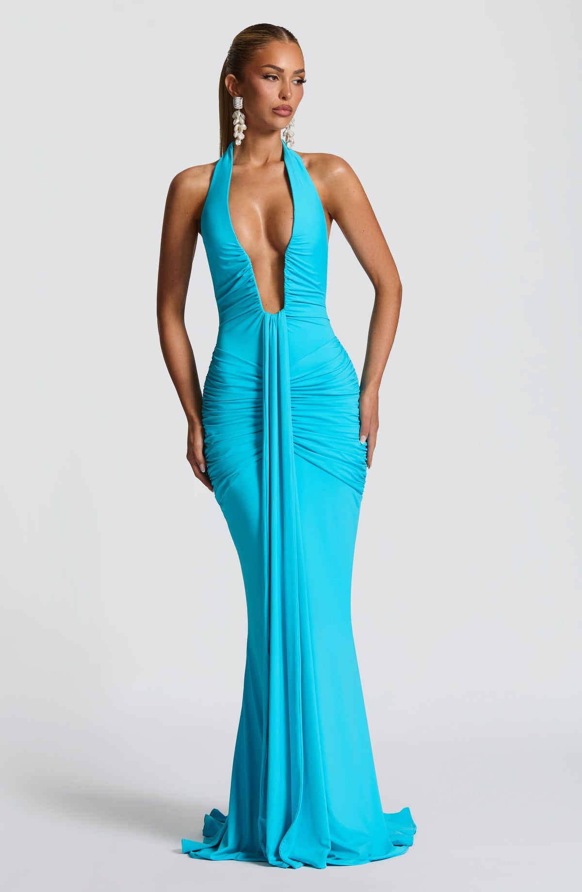 Halter Plunging Neckline Ruched Draped Front Mermaid Maxi Dress 9