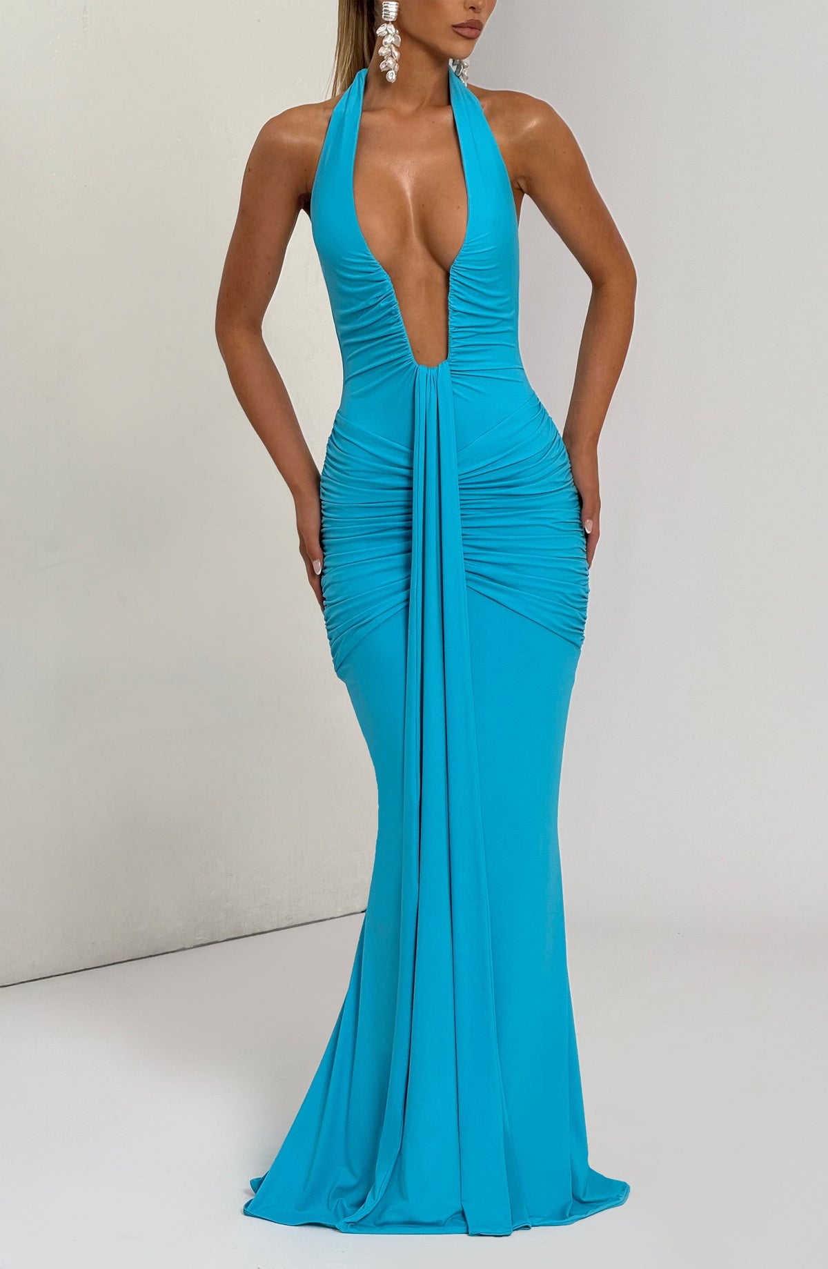 Halter Plunging Neckline Ruched Draped Front Mermaid Maxi Dress 6
