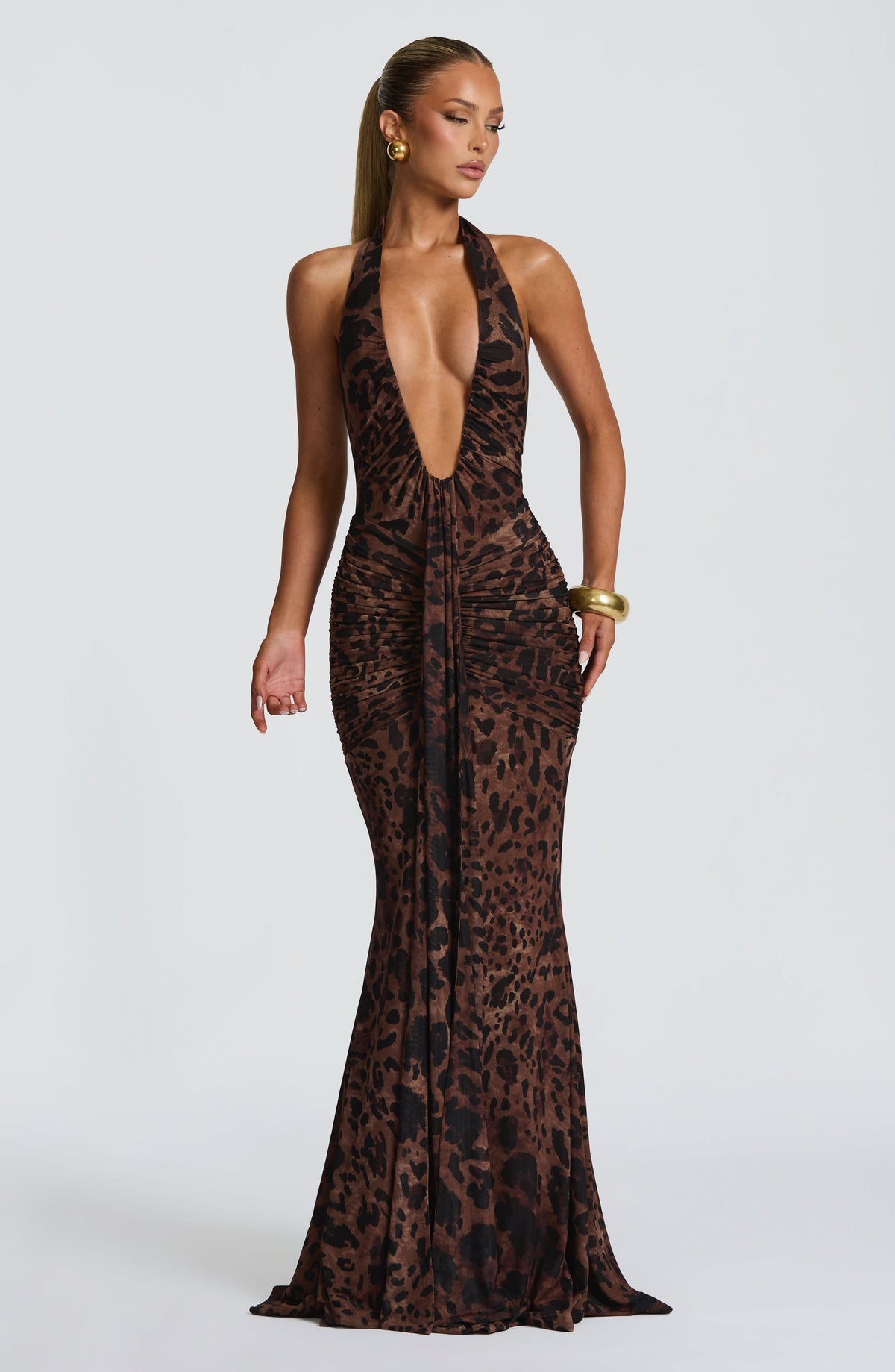Leopard Print Plunging Halter Neck Ruched Draped Mermaid Maxi Dress 13