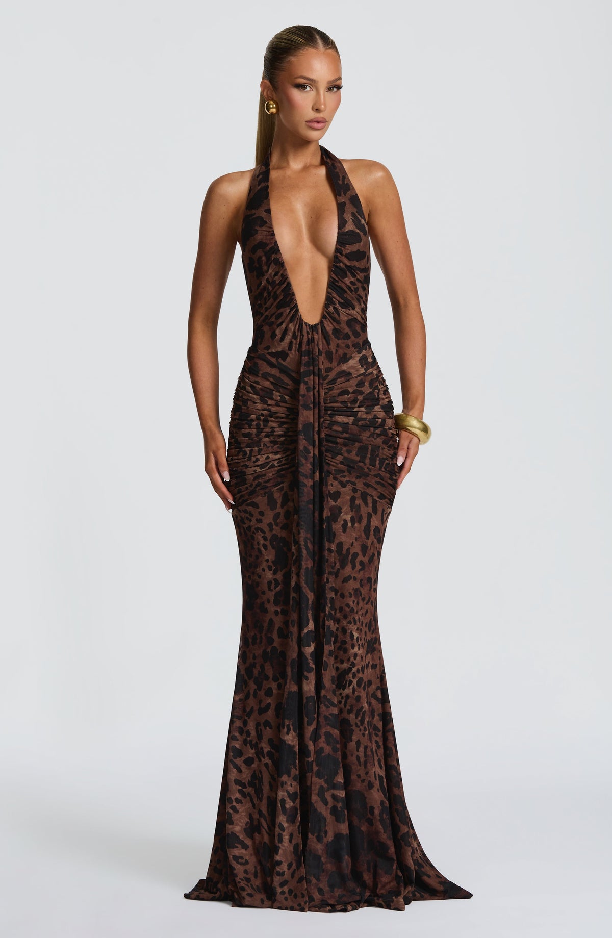 Leopard Print Plunging Halter Neck Ruched Draped Mermaid Maxi Dress