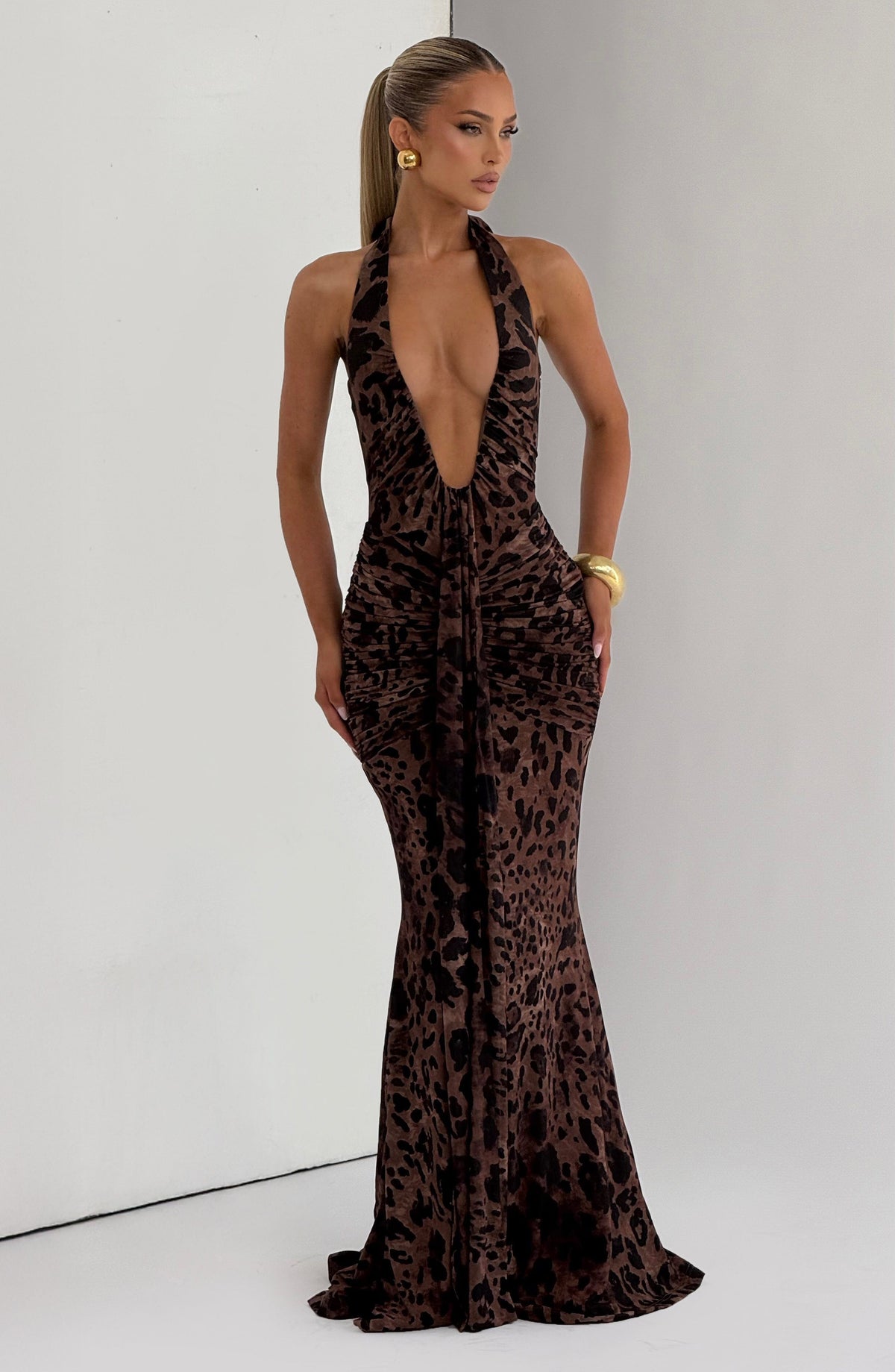 Leopard Print Plunging Halter Neck Ruched Draped Mermaid Maxi Dress 12