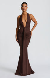 Deep V-Neck Halter Neck Ruched Mermaid Gown 11