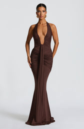 Deep V-Neck Halter Neck Ruched Mermaid Gown 13