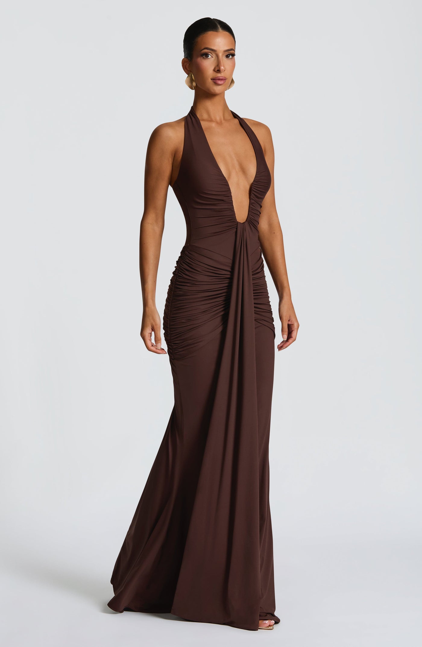 Deep V-Neck Halter Neck Ruched Mermaid Gown 10