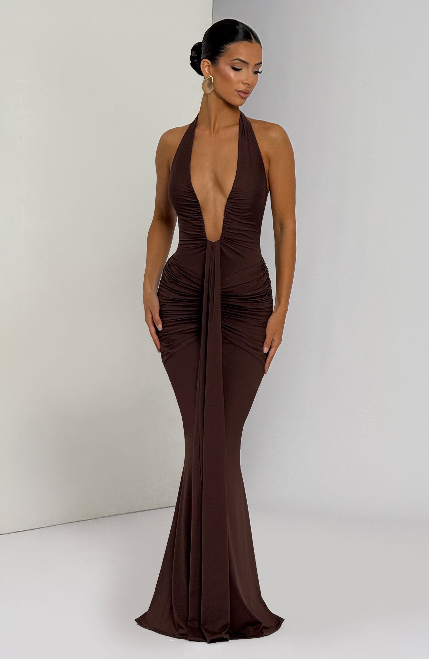 Deep V-Neck Halter Neck Ruched Mermaid Gown 7