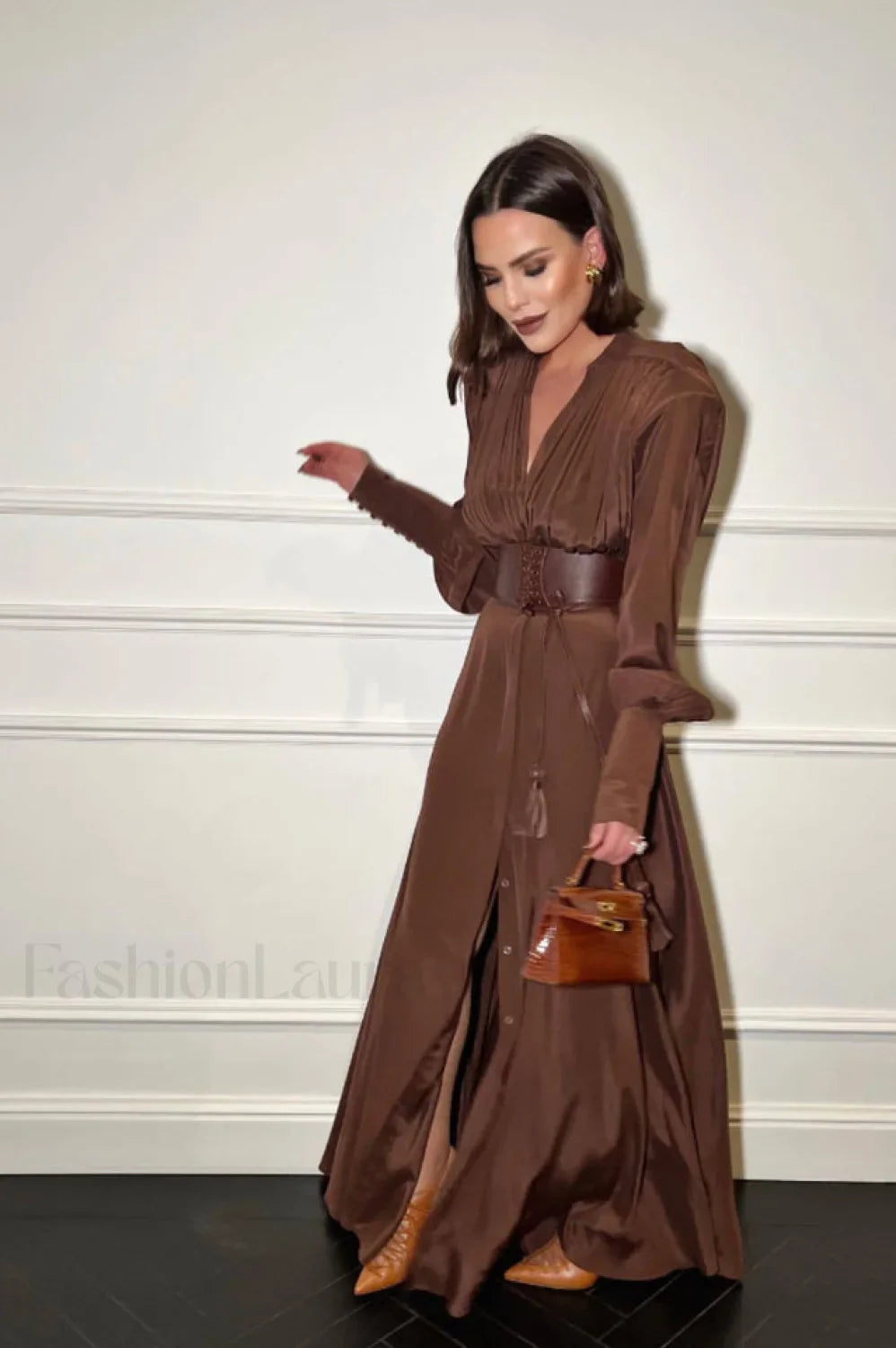 Rosey Tan Maxi Charming Dress With Waist Belt