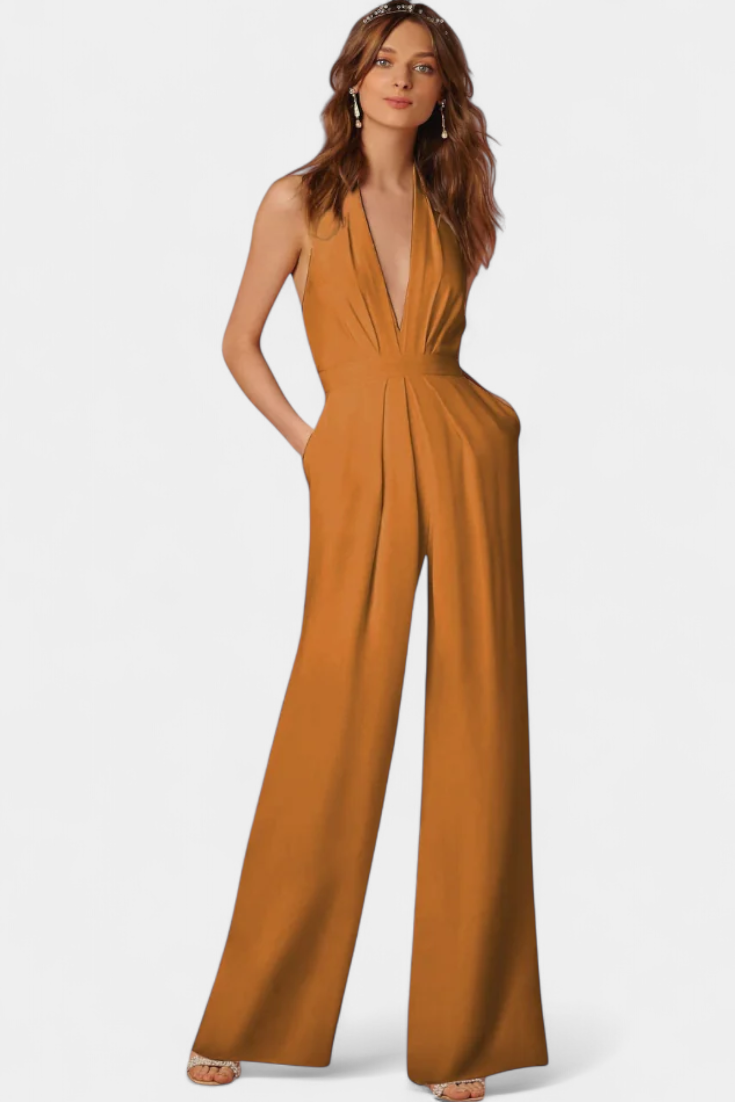 Deep V-Neck Halter Wide Leg Jumpsuit