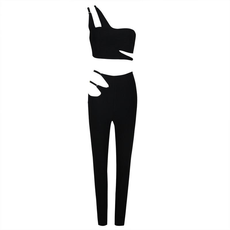 Rosy One Shoulder Bandeau Top & Hollow Out Pants Set