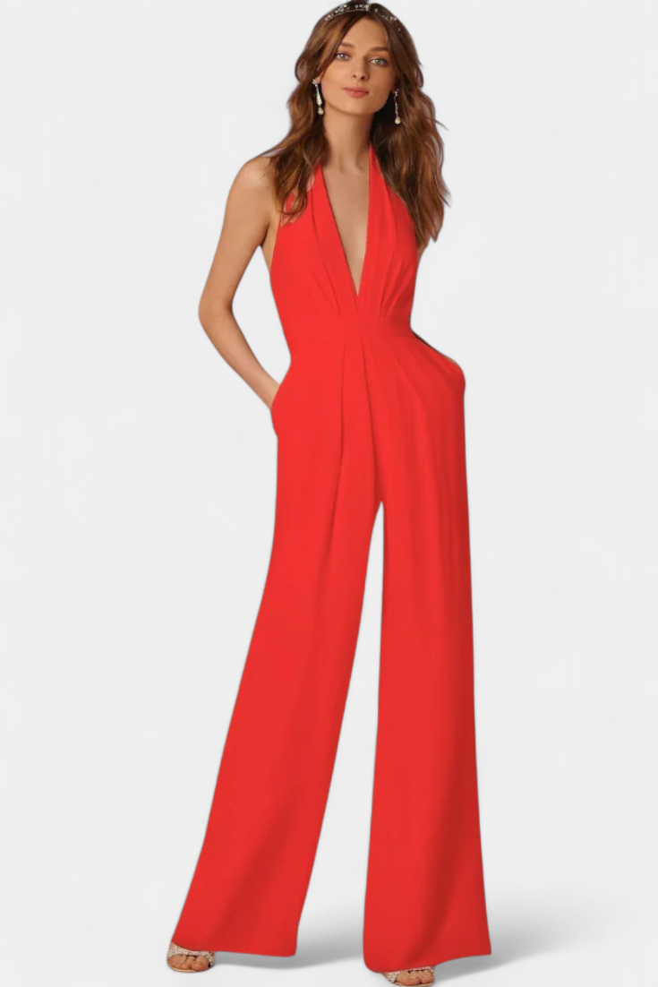 Deep V-Neck Halter Wide Leg Jumpsuit