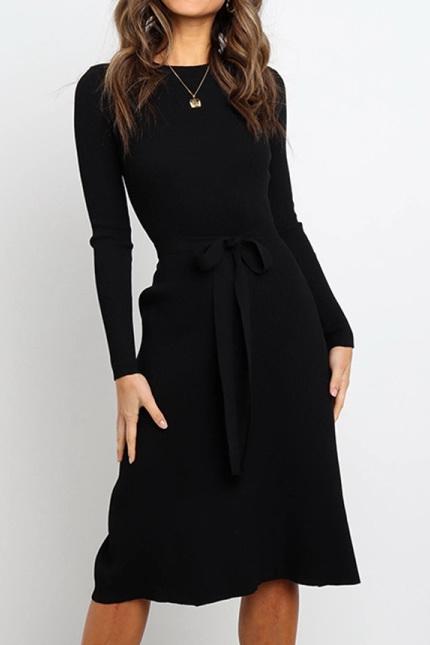 Round Neck Belt Long-sleeved Dress