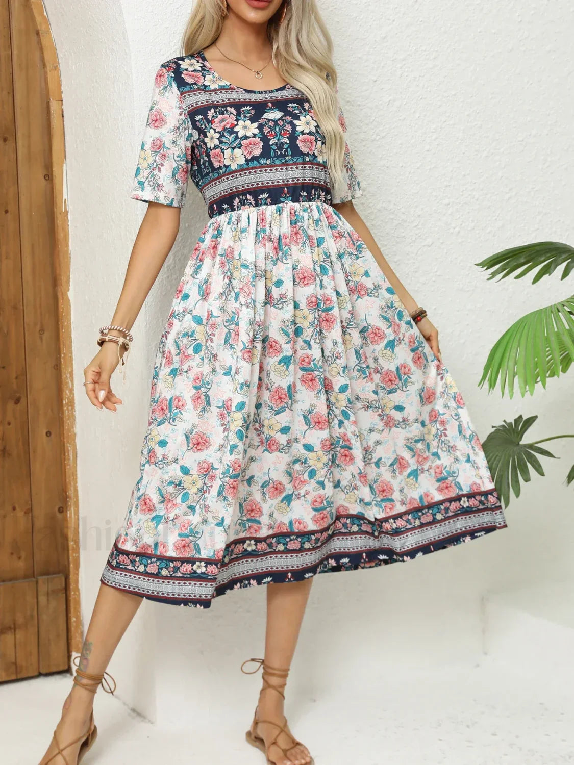 Round-Neck Bohemian Print Boho Dress