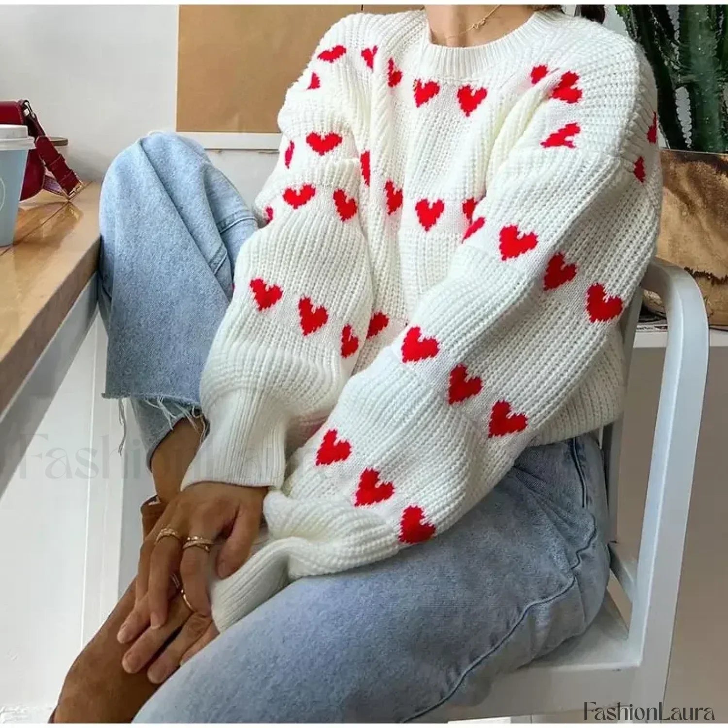 Round Neck Long Sleeved Heart-shaped Women Autumn Winter Knitwear Soft Warm Sweater