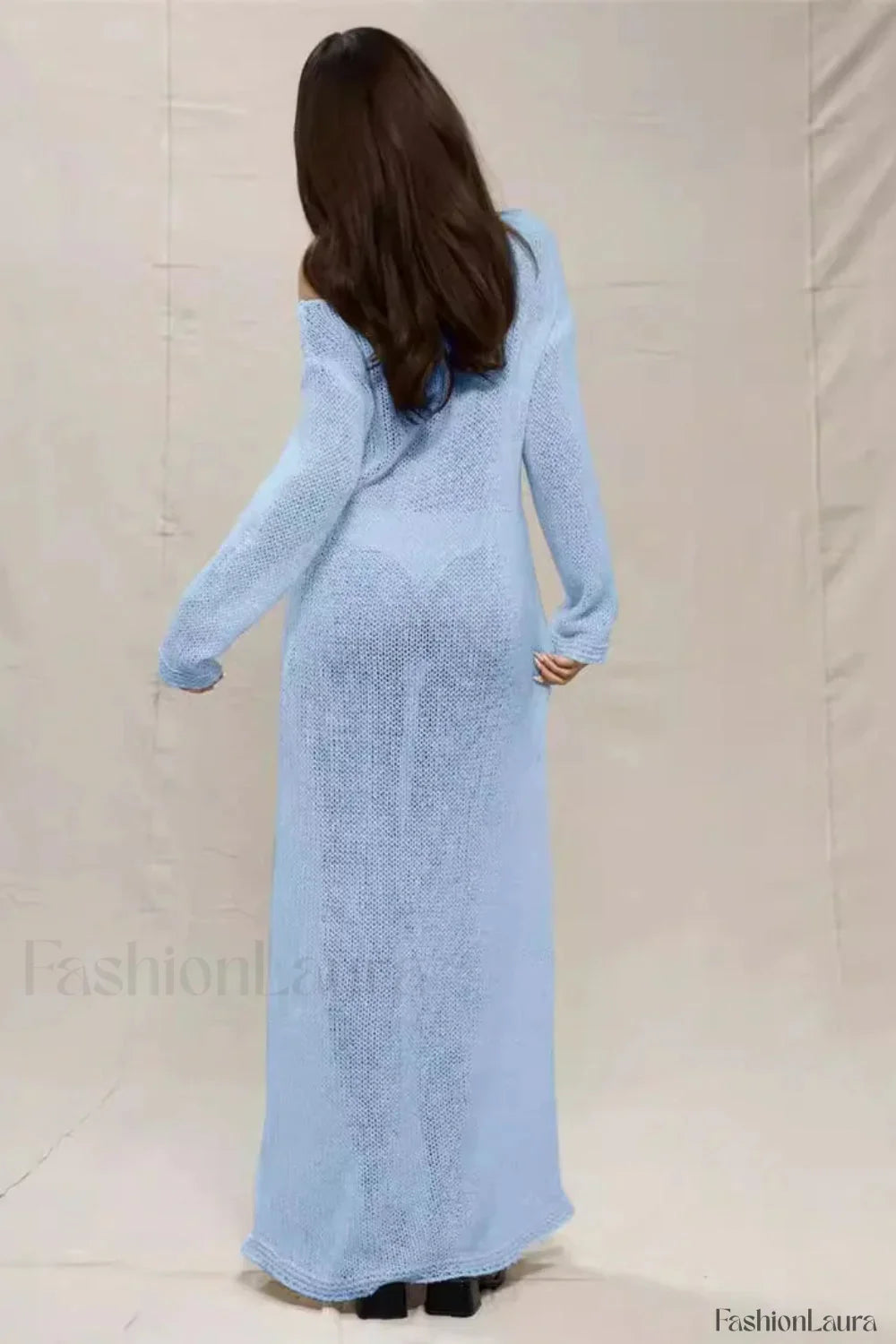 Round Neck Off-Shoulder Hollow Knitted Bodycon Maxi Dress
